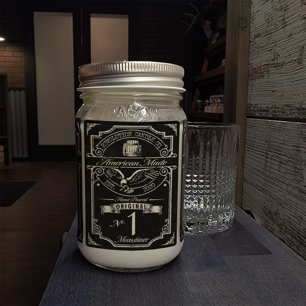 16oz Mason Jar Vintage Collection Candle - Moonshiner scent - Handcrafted in the USA-Prohibition Era inspired designs-whiskey type label