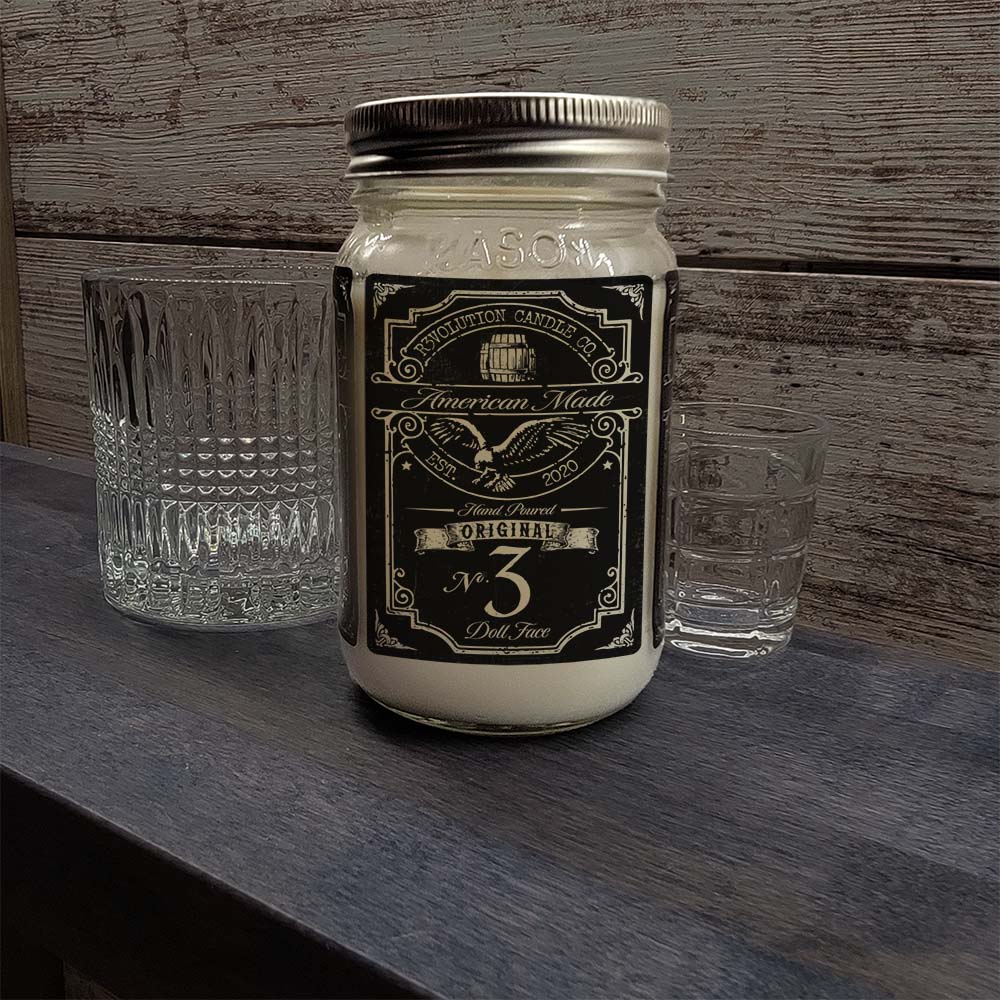 16 oz Mason Jar Vintage Collection Candle - Dollface scent - Handcrafted in the USA-Prohibition Era inspired designs-whiskey type label