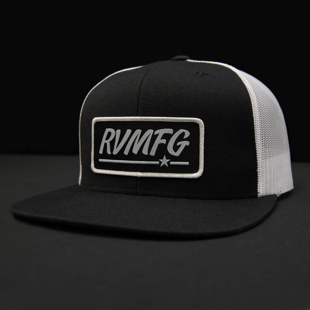 Black-White flat bill trucker hat with Black RVMFG patch
