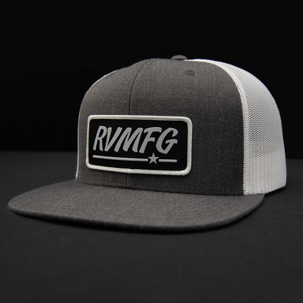Charcoal-White flat bill trucker hat with Black RVMFG patch