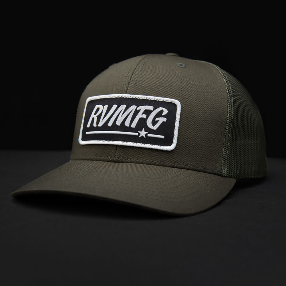 Snapback Loden trucker hat with black woven RVMFG patch