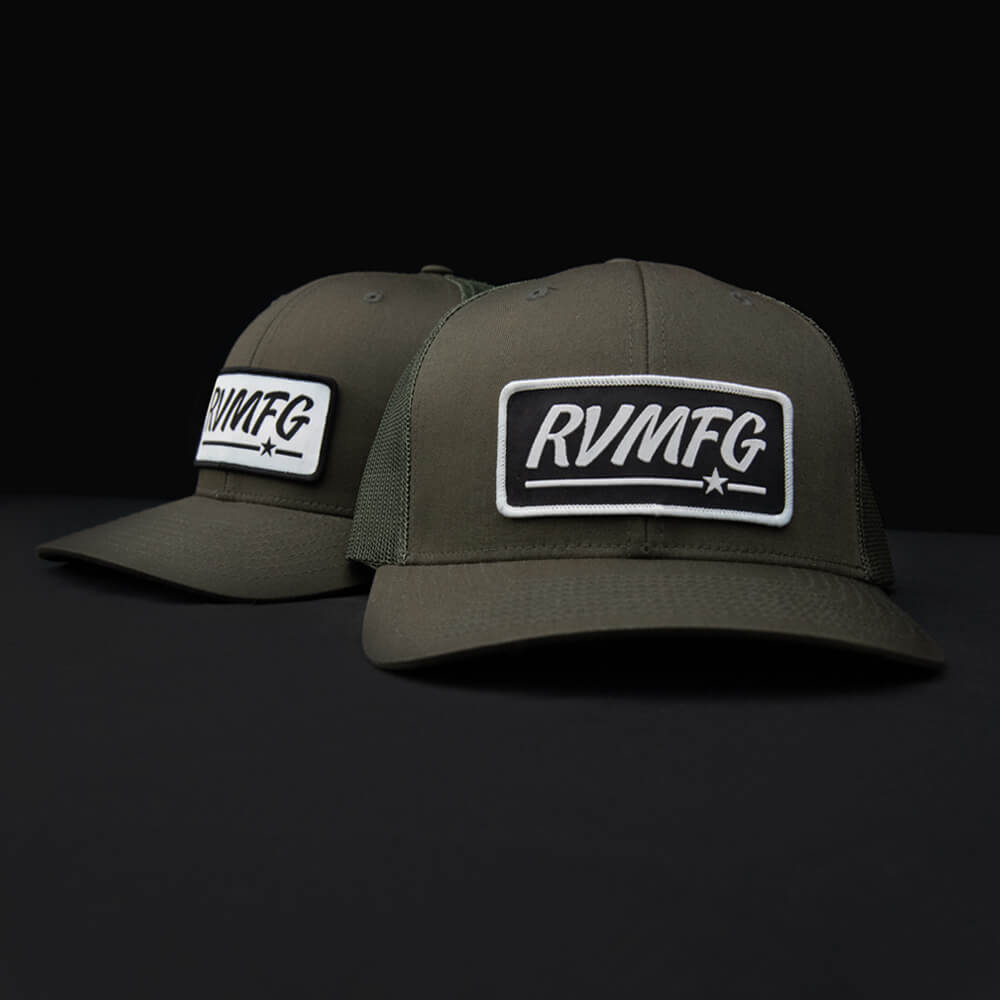 Classic Loden Truck Hat featuring woven RVMFG patch available with a black or white background