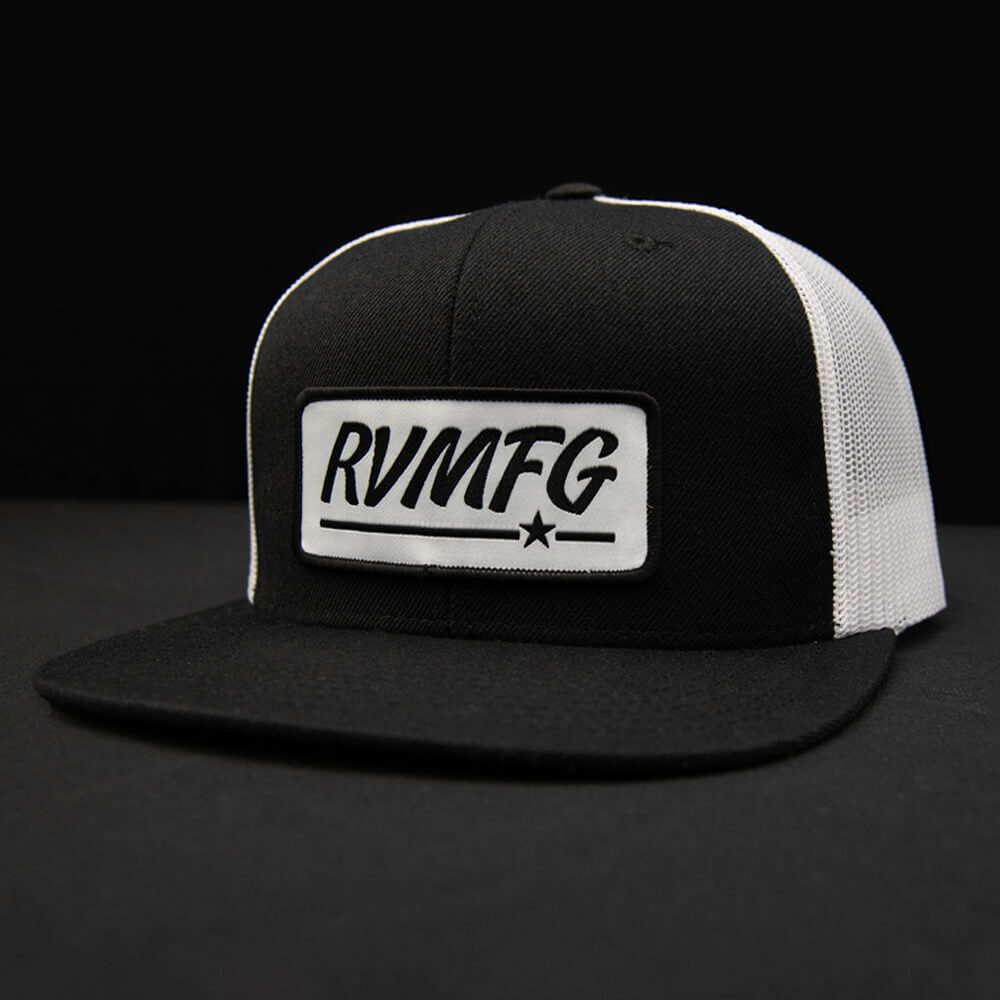 Black-White flat bill trucker hat with white RVMFG patch