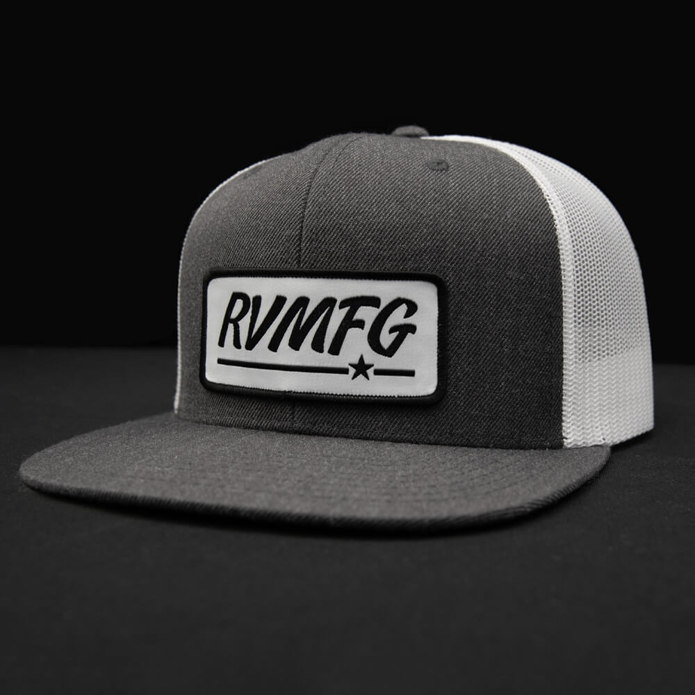Charcoal-White flat bill trucker hat with white RVMFG patch