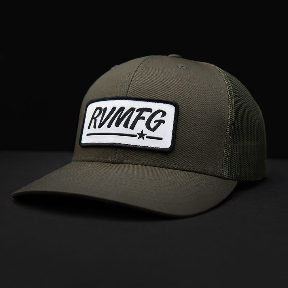 Snapback Loden trucker hat with white woven RVMFG patch