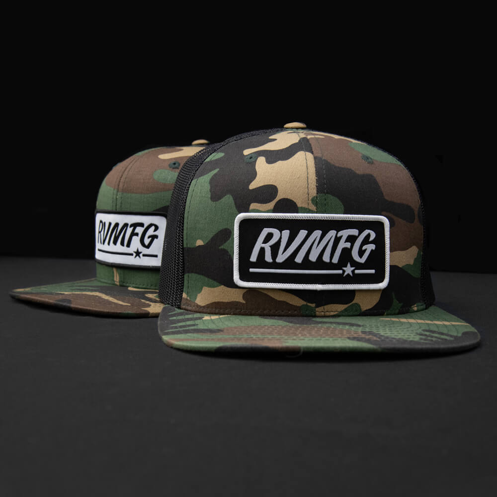 Woodland Camo wool with black mesh Flat Bill Trucker hat with white and black RVMFG woven patch hats