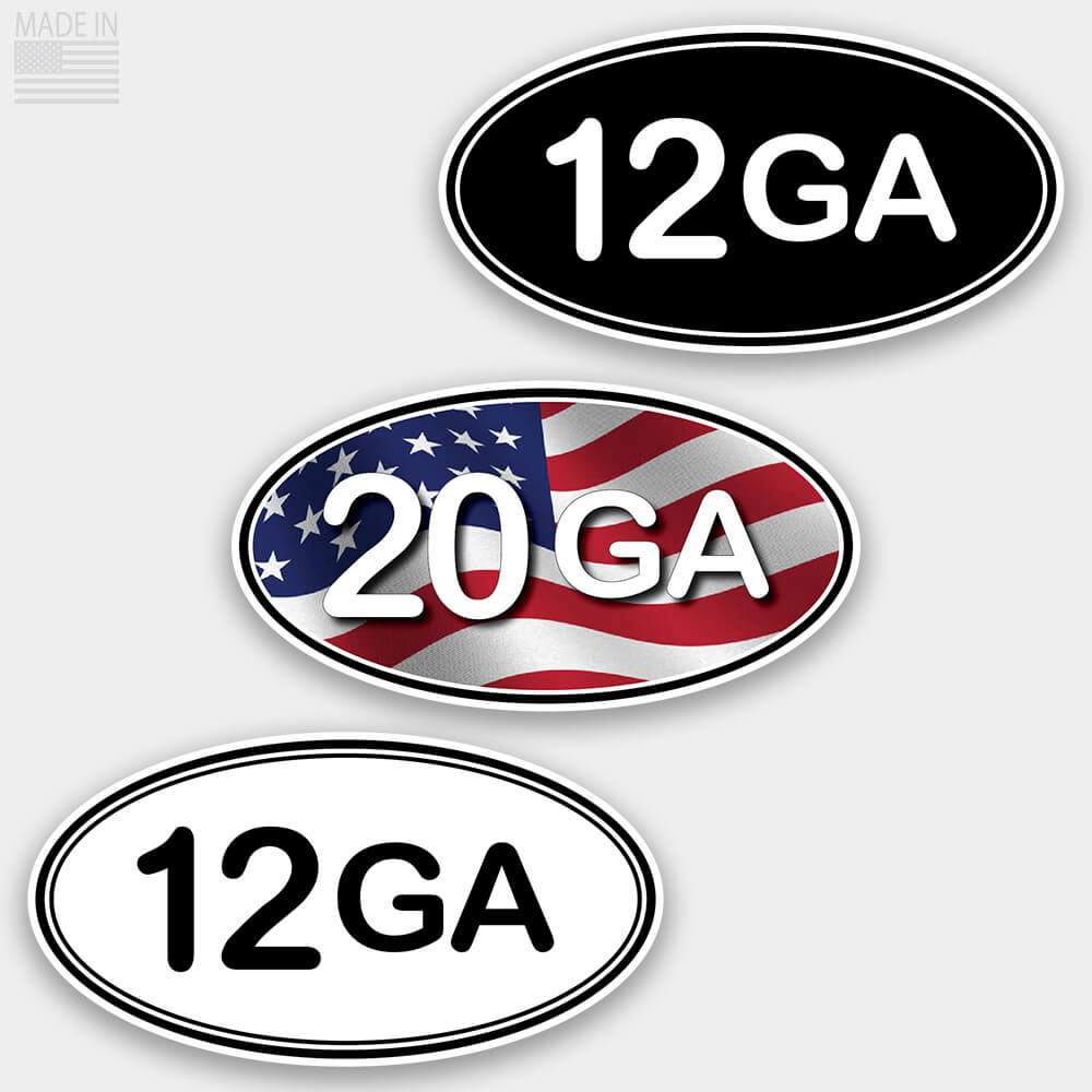 American Made Shotgun Caliber Marathon Style Oval Stickers in Black with White Text, White with Black Text, and Red White and Blue American Flag with White Text for cars and trucks 12 gauge or 20 gauge