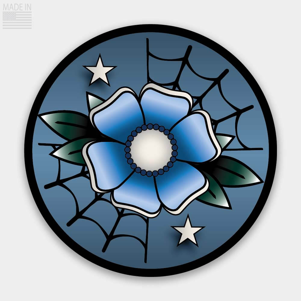 American Made Traditional Tattoo Style Flower Sticker Blue and Cream flower on a Blue colored background with stars and spiderwebs