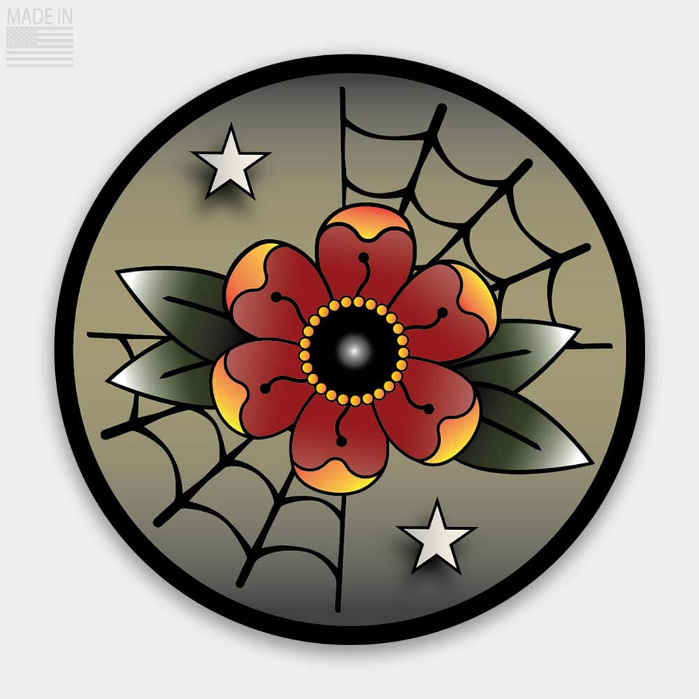 American Made Traditional Tattoo Style Flower Sticker Red and Yellow flower on an Olive colored background with stars and spiderwebs