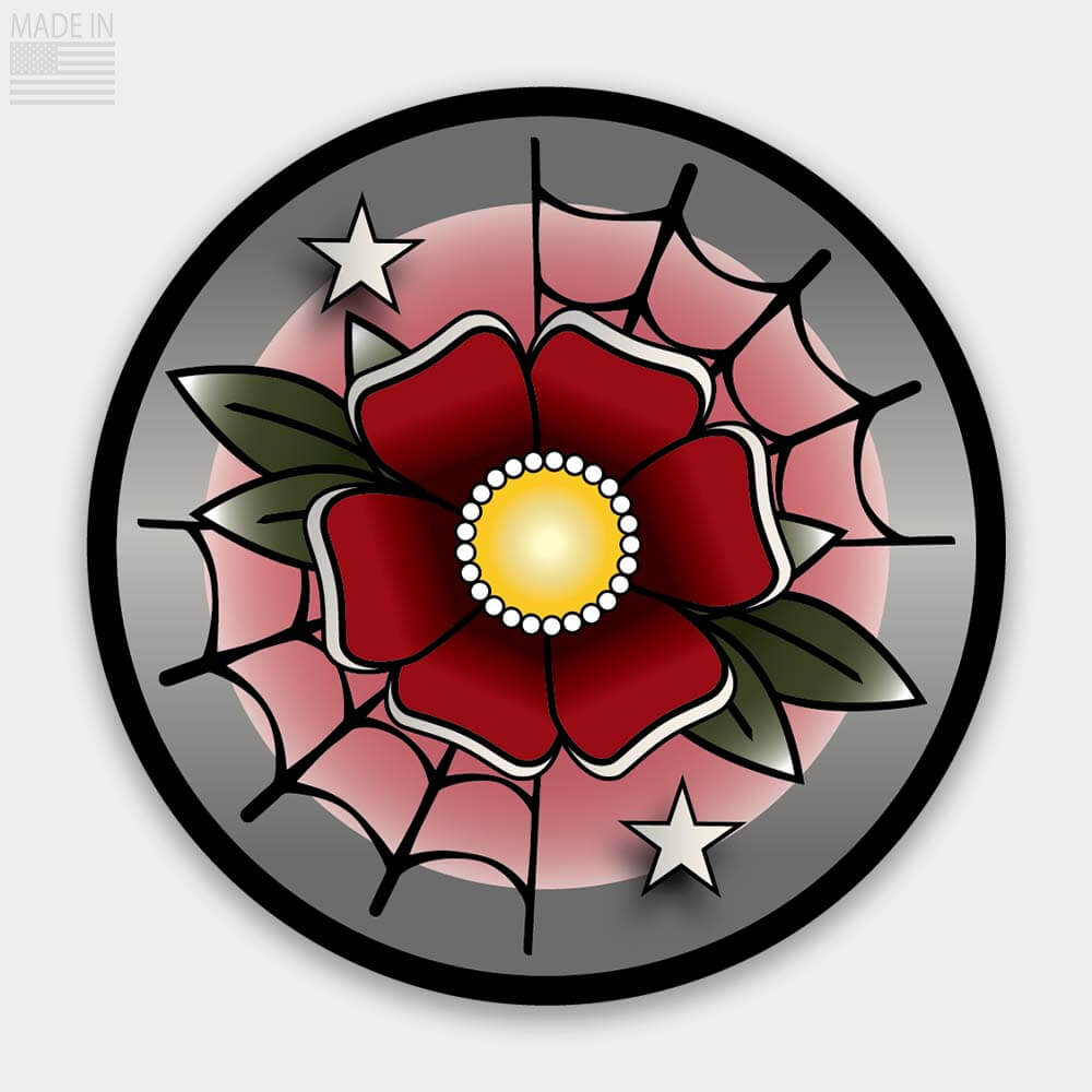 American Made Traditional Tattoo Style Flower Sticker Deep Red flower on a Pink and Gray colored background with stars and spiderwebs