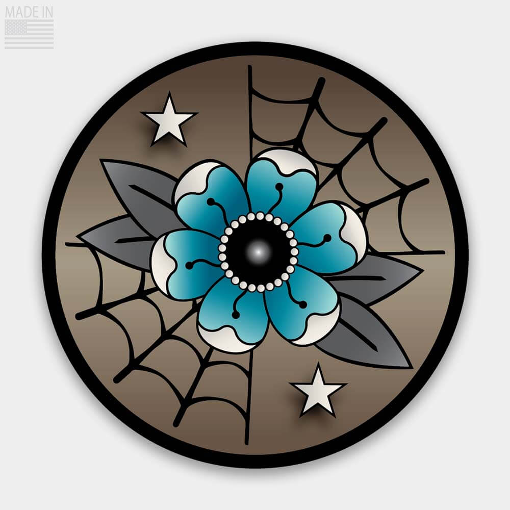 American Made Traditional Tattoo Style Flower Sticker Teal Blue and Cream flower on a Coffee colored background with stars and spiderwebs
