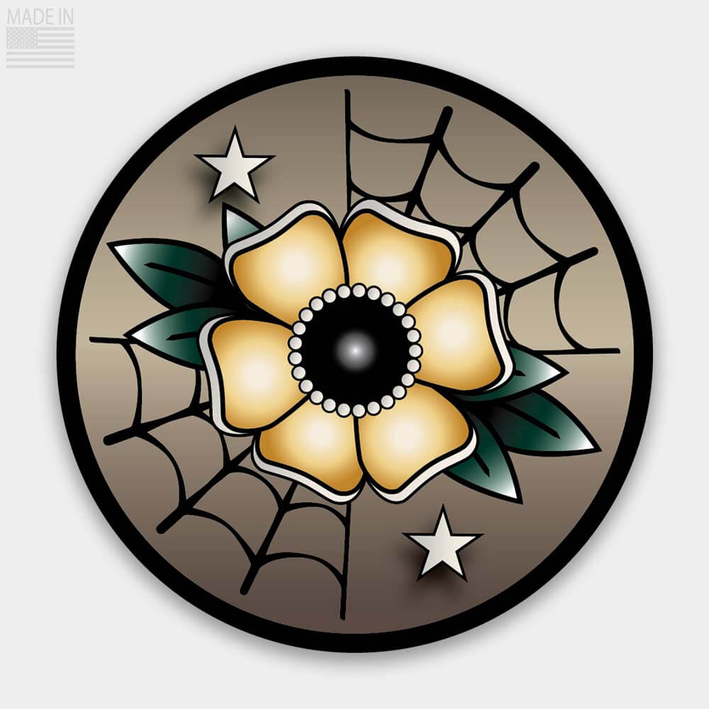 American Made Traditional Tattoo Style Flower Sticker Yellow and white flower on a Coffee colored background with stars and spiderwebs