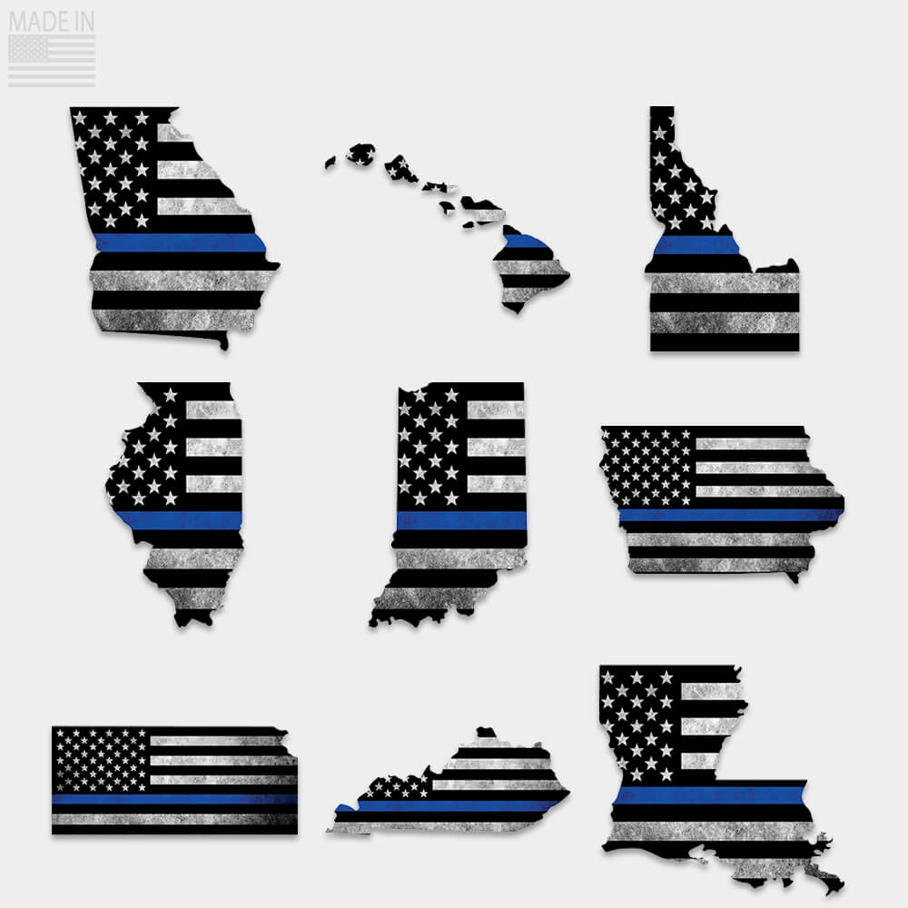 Thin blue line flag stickers inside state outline. Georgia, Hawaii, Idaho,Illinois, Indiana, Iowa, Kansas, Kentucky, Louisiana