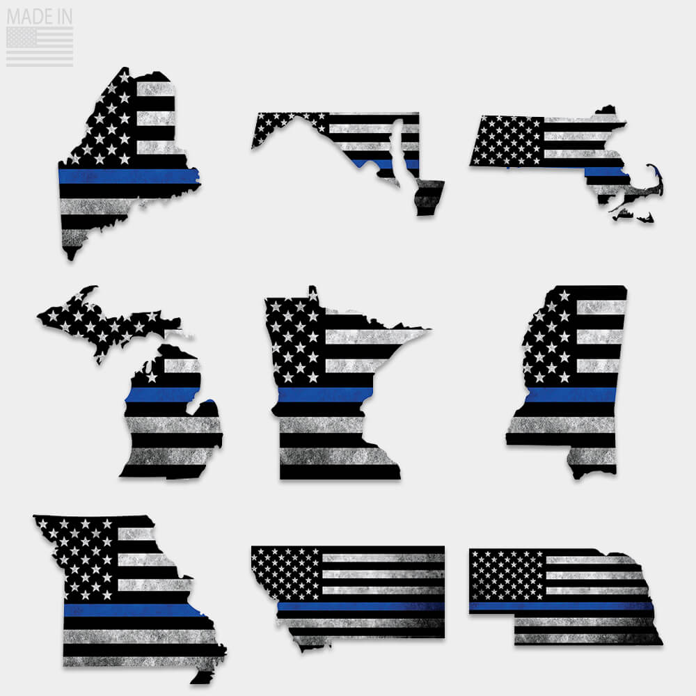 Thin blue line flag stickers inside state outline. Maine, Maryland, Massachusetts, Michigan, Minnesota, Mississippi, Missouri, Montana, Nebraska