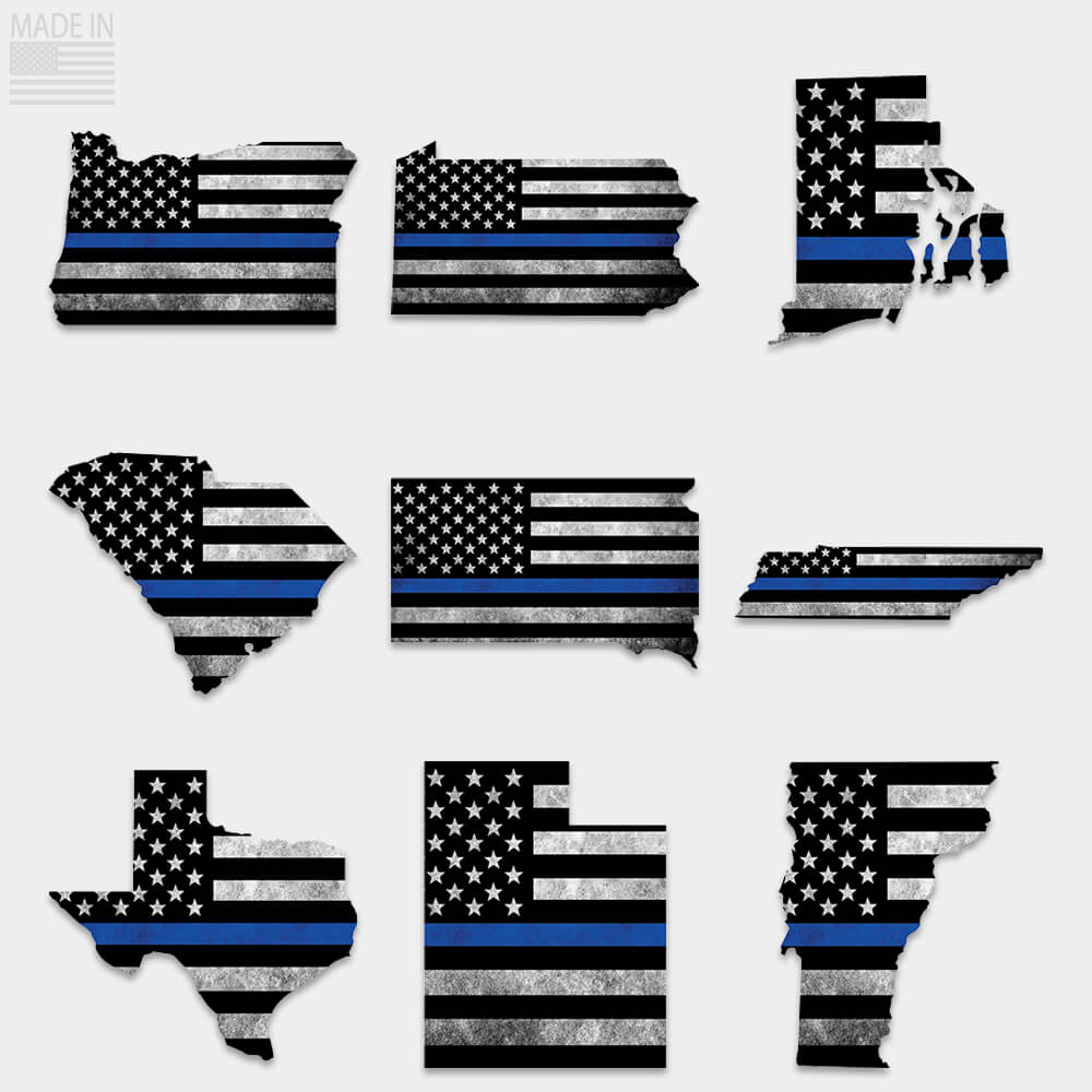 Thin blue line flag stickers inside state outline. Oregon, Pennsylvania, Rhode Island, South Carolina, South Dakota, Tennessee, Texas, Utah, Vermont