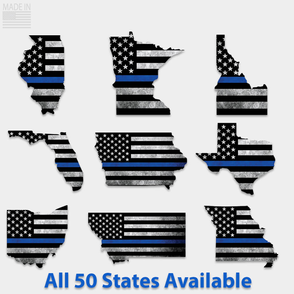 Thin blue line sticker in US state outline. Thin blue line is to show support for law enforcement officers.