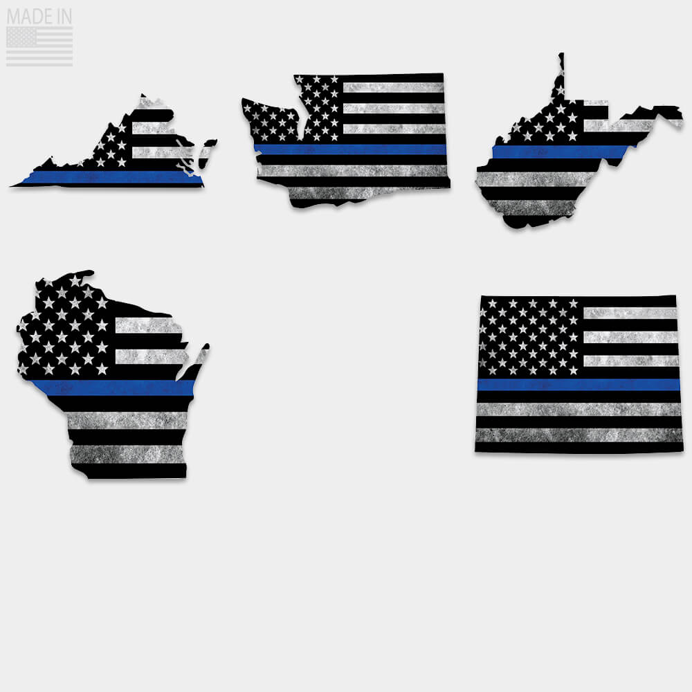 Thin blue line flag stickers inside state outline. Virginia, Washington, West Virginia, Wisconsin, Wyoming