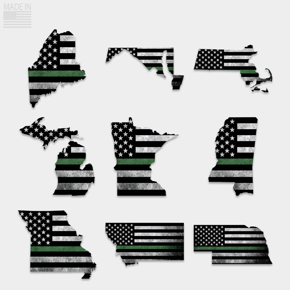 Thin green line sticker for military in Maine, Maryland, Massachusetts, Michigan, Minnesota, Mississippi, Missouri, Montana, Nebraska