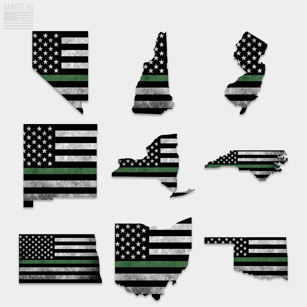 Thin green line state stickers for Nevada, New Hampshire, New Jersey, New Mexico, New York, North Carolina, North Dakota, Ohio, Oklahoma