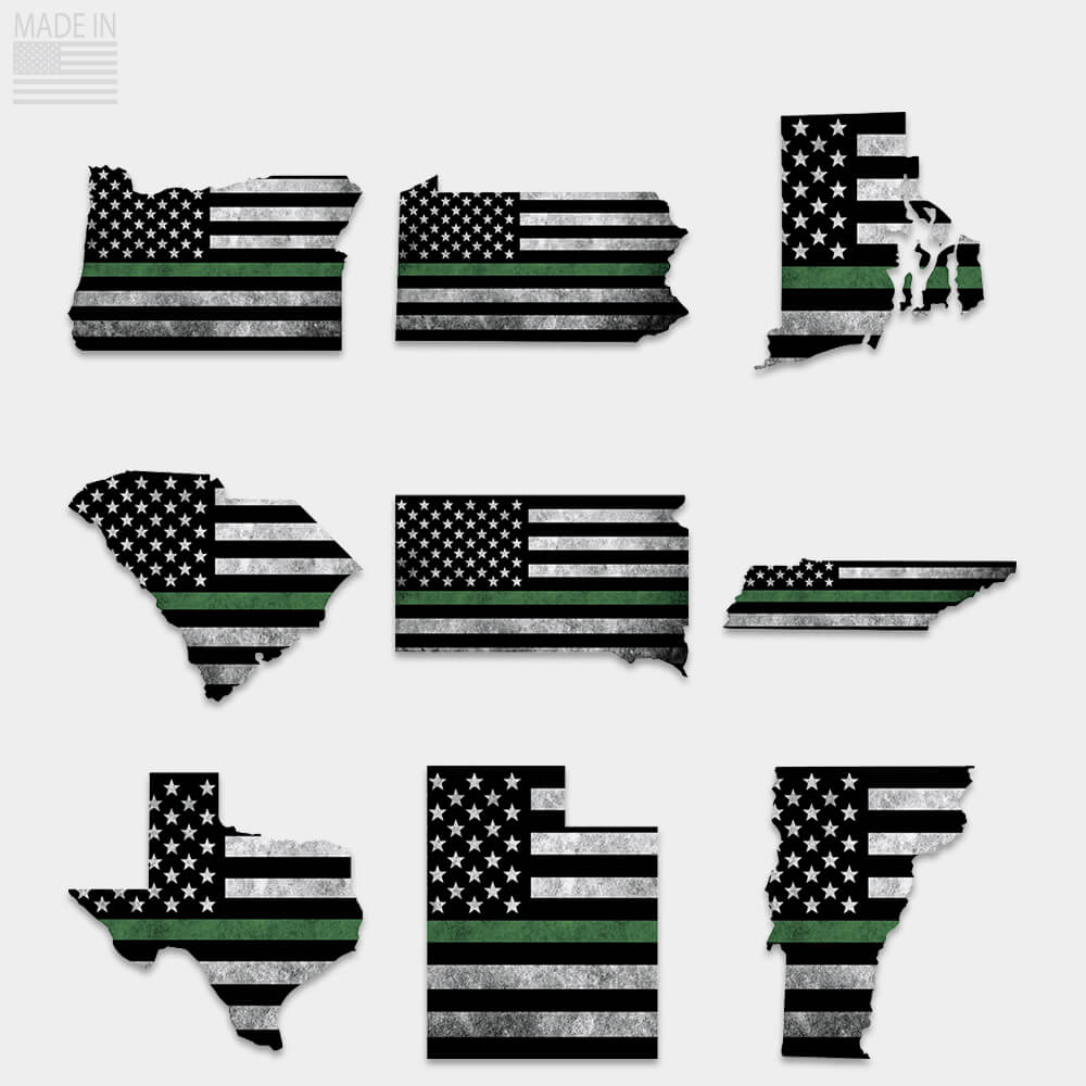 Thin green line state stickers for Oregon, Pennsylvania, Rhode Island, South Carolina, South Dakota, Tennessee, Texas, Utah, Vermont