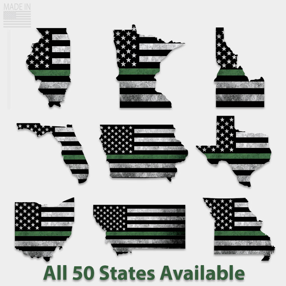 Thin green line sticker representing each US state. Thin green line sticker for military, conservation, and border patrol personnel.