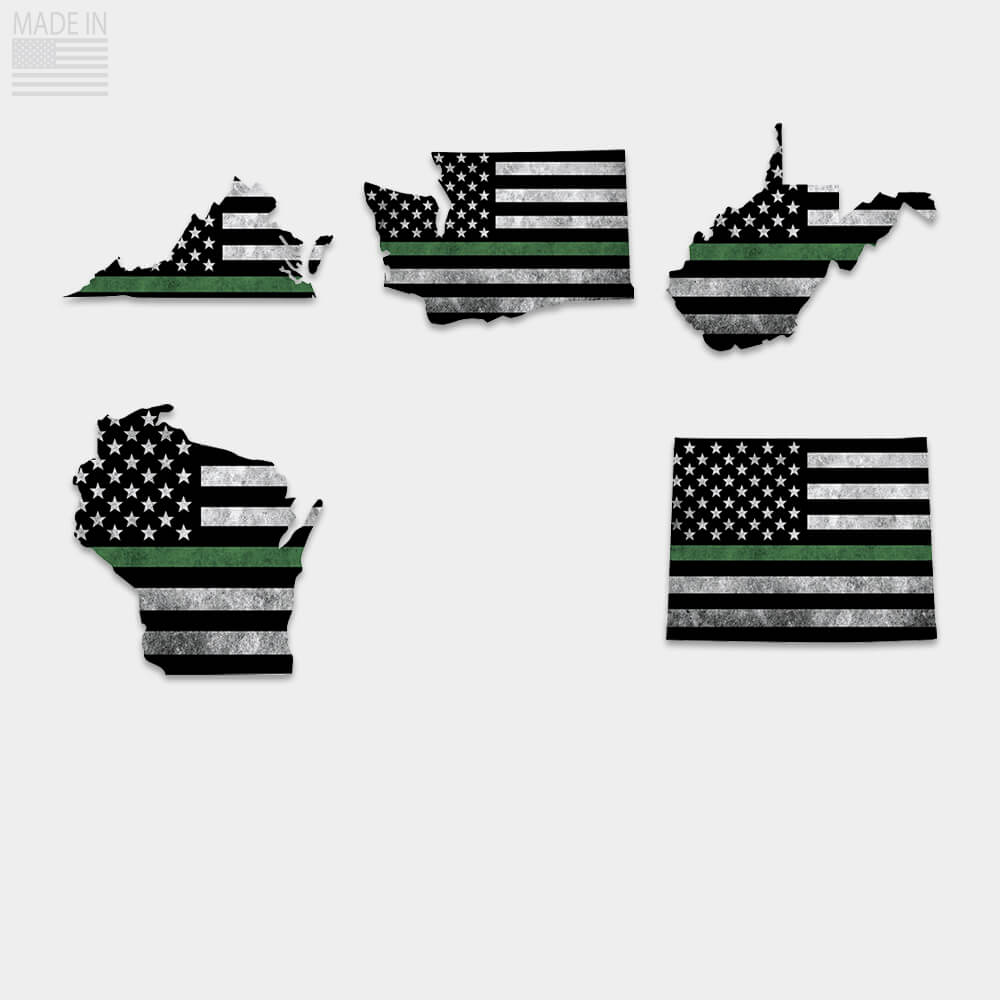 Thin green line military sticker for Virginia, Washington, West Virginia, Wisconsin, Wyoming