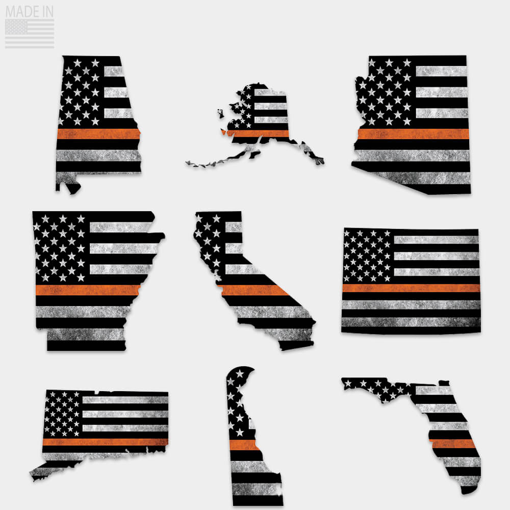 Thin orange line state stickers Alabama, Alaska, Arizona, Arkansas, California, Colorado, Connecticut, Delaware, Florida