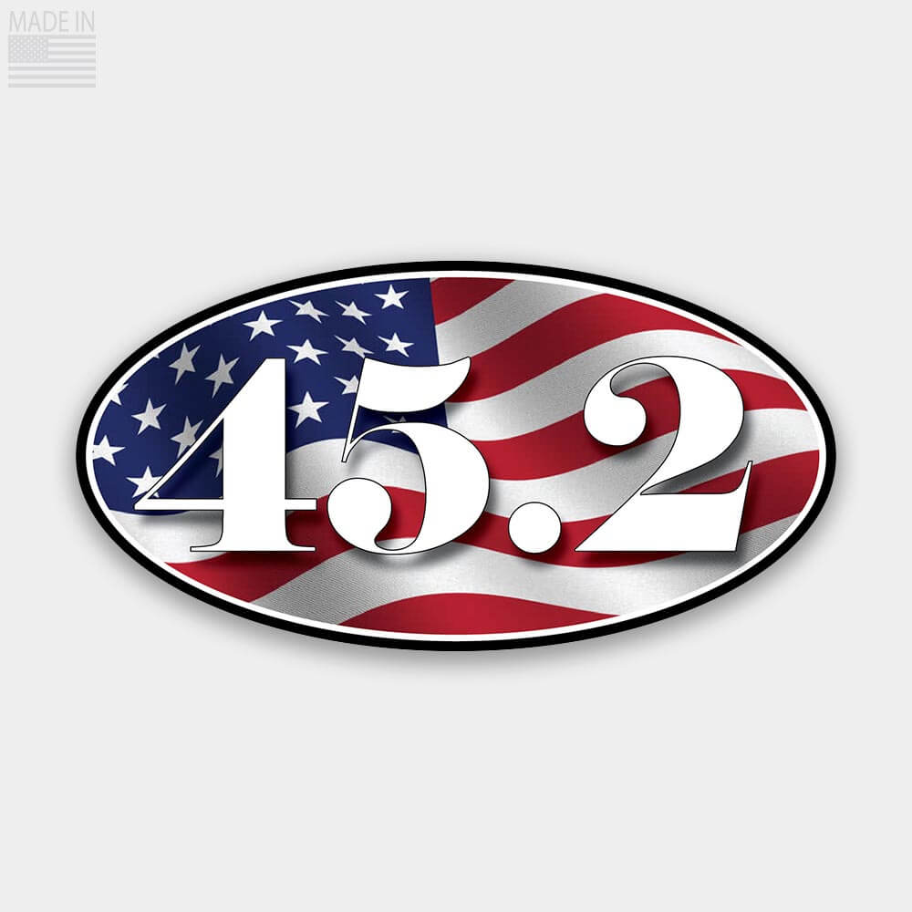 Trump 2020 45.2 American Flag with White Text Oval Marathon Style Sticker