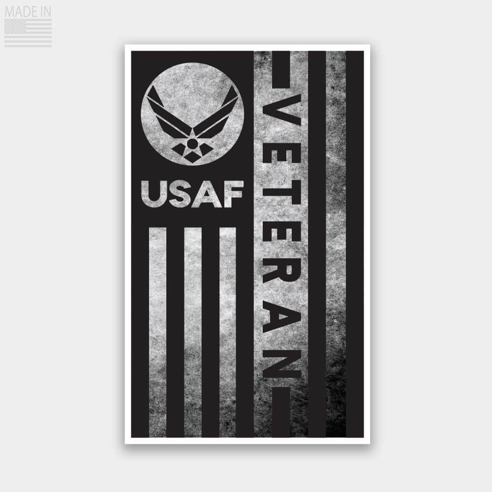 United States Air Force Veteran Black and Gray Distressed Flag Sticker Decal Vertical Position