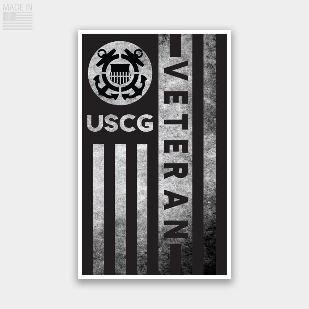 United States Coast Guard Veteran Black and Gray Distressed Flag Sticker Decal Vertical Position