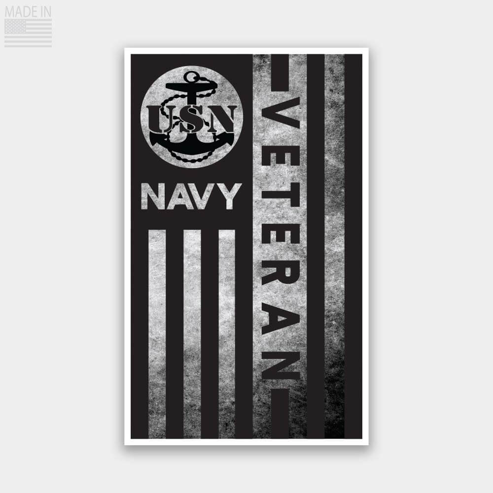United States Navy Veteran Black and Gray Distressed Flag Sticker Decal Vertical Position