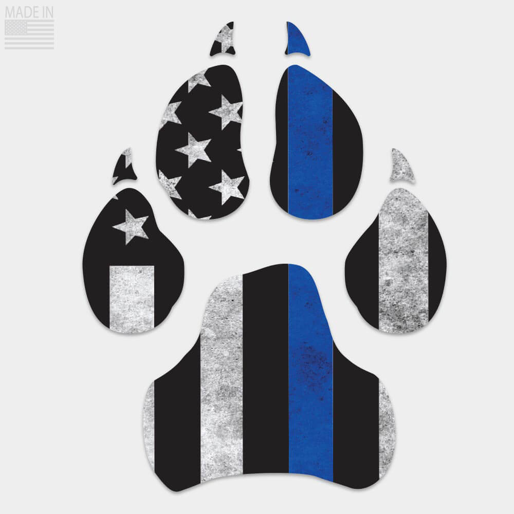Die cut thin blue line dog paw decal with vertical thin blue line flag inside.