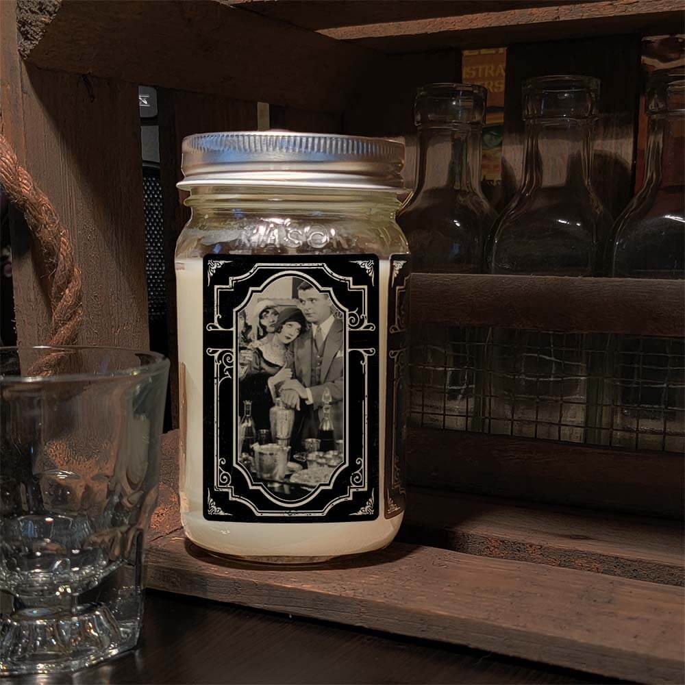 16 oz Mason Jar Vintage Collection Candle - Dollface scent - Handcrafted in the USA-Prohibition Era inspired designs-side image ladies in speakeasy