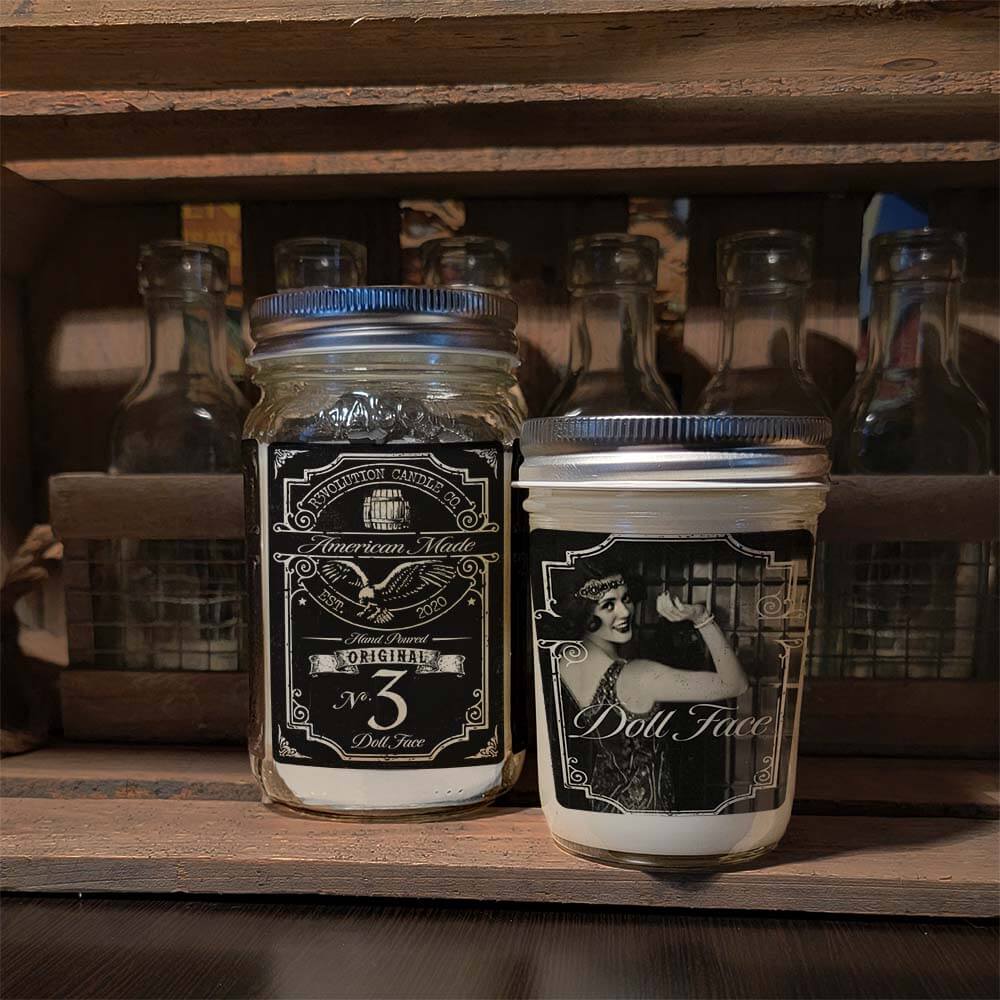 Revolution Candle Co Vintage Collection Doll Face Candles in 8oz and 16oz Mason Jar Prohibition Era designs